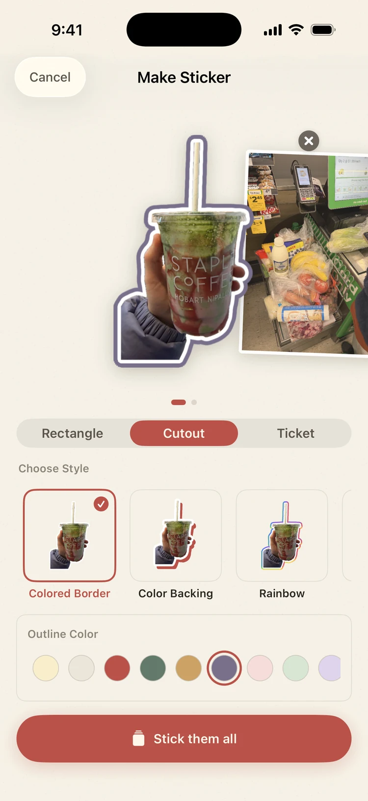 Make Sticker in Cutout mode with drink and photo cutouts, colored border styles and outline colors