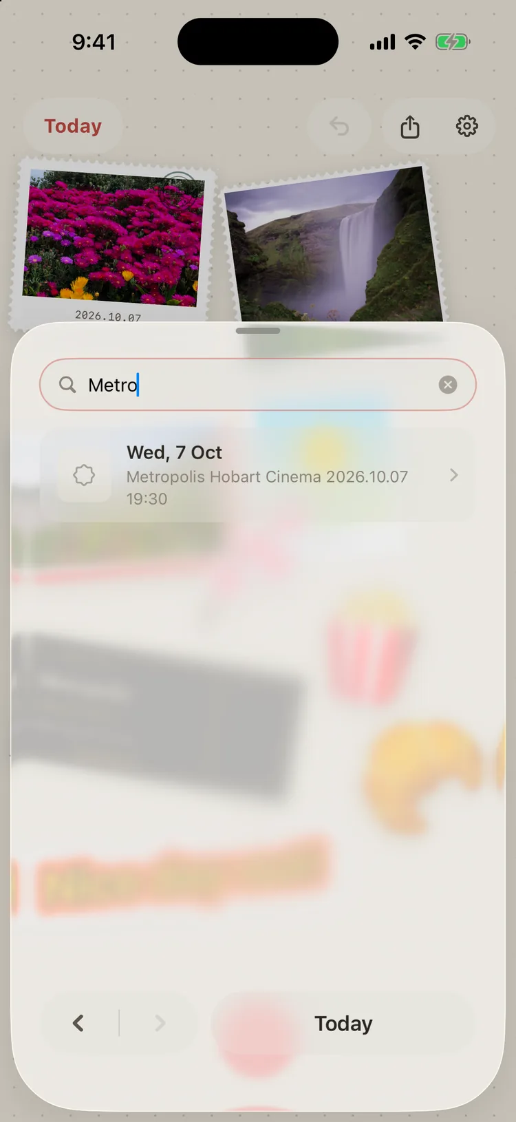 Diary search for “Metro” finding the Metropolis ticket on Wednesday 7 October