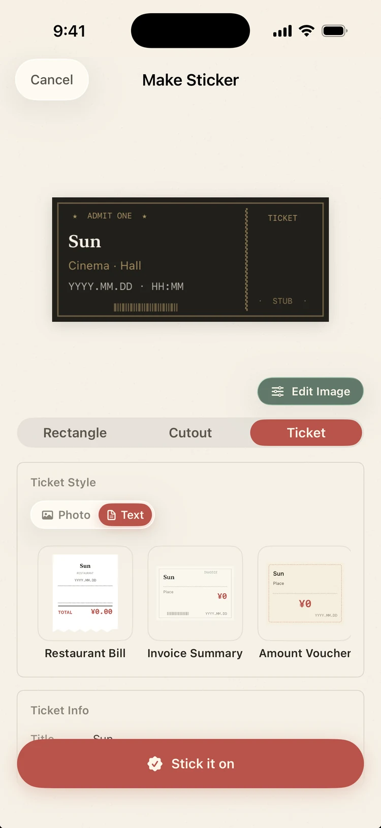 Make Sticker in Ticket mode with a dark ticket preview, ticket styles and editable ticket information