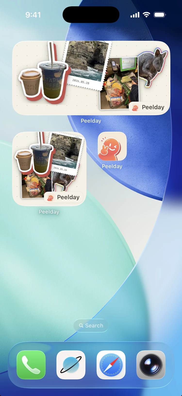 An iPhone Home Screen with small and medium Peelday widgets showing drink cutouts and photo stickers